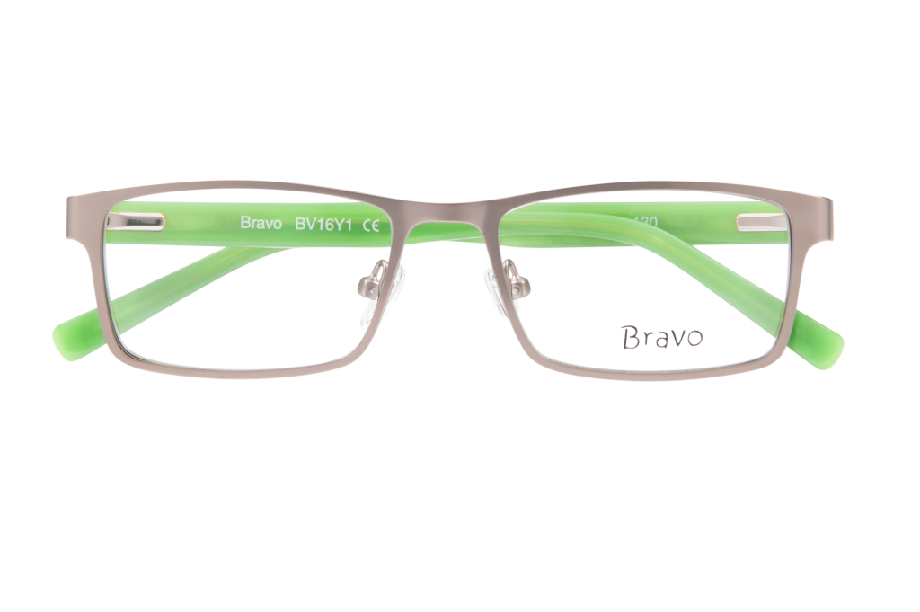 Front view of rectangular eyeglasses with gray frame and bright green temples; 'Bravo' branding visible on lens area