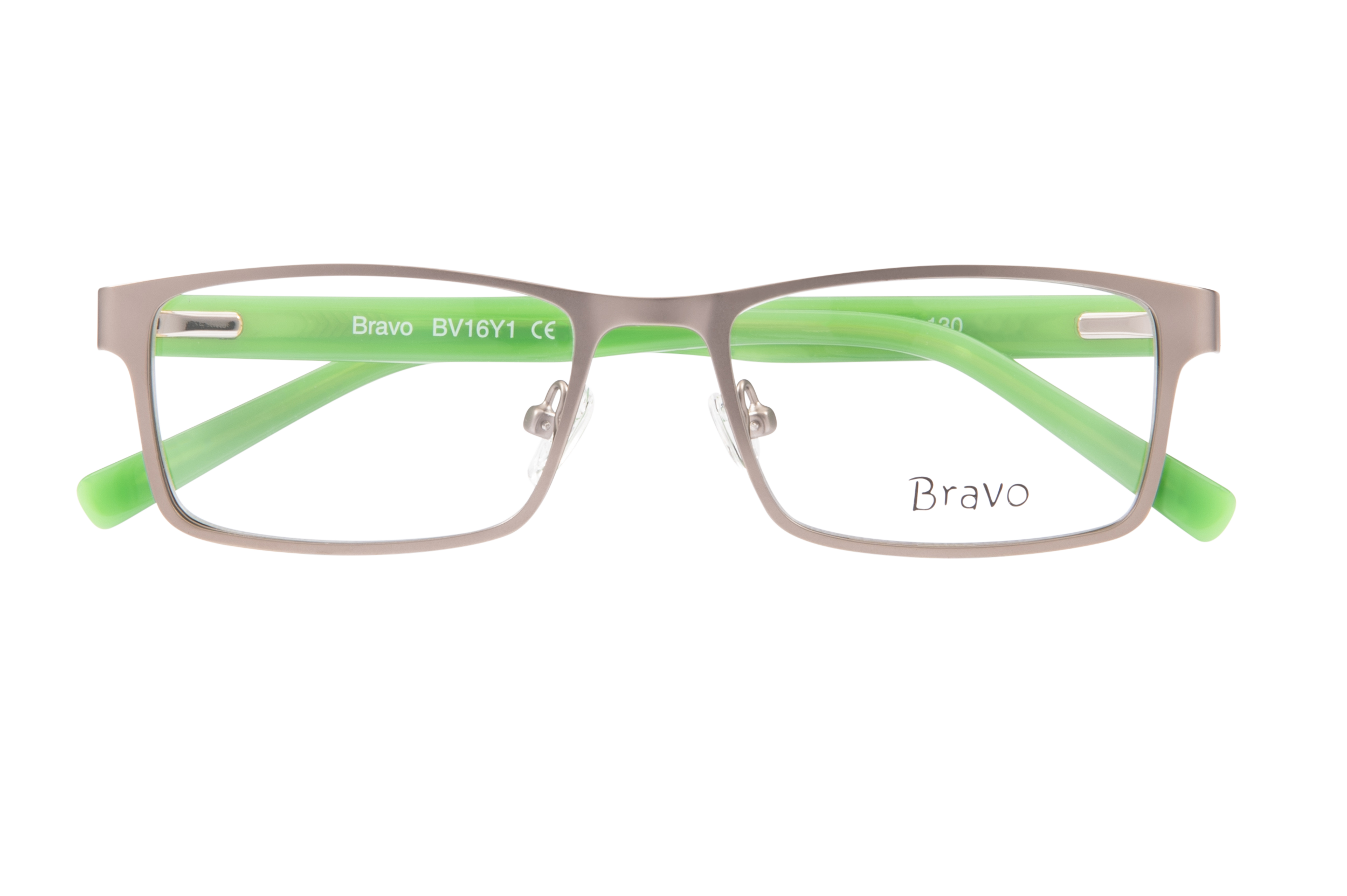 Front view of rectangular eyeglasses with gray frame and bright green temples; 'Bravo' branding visible on lens area