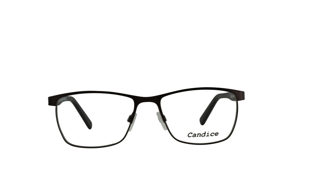 X011680-1 Black-framed eyeglasses shown from front with partial browline; brand name Candice visible on the lower-right lens edge.