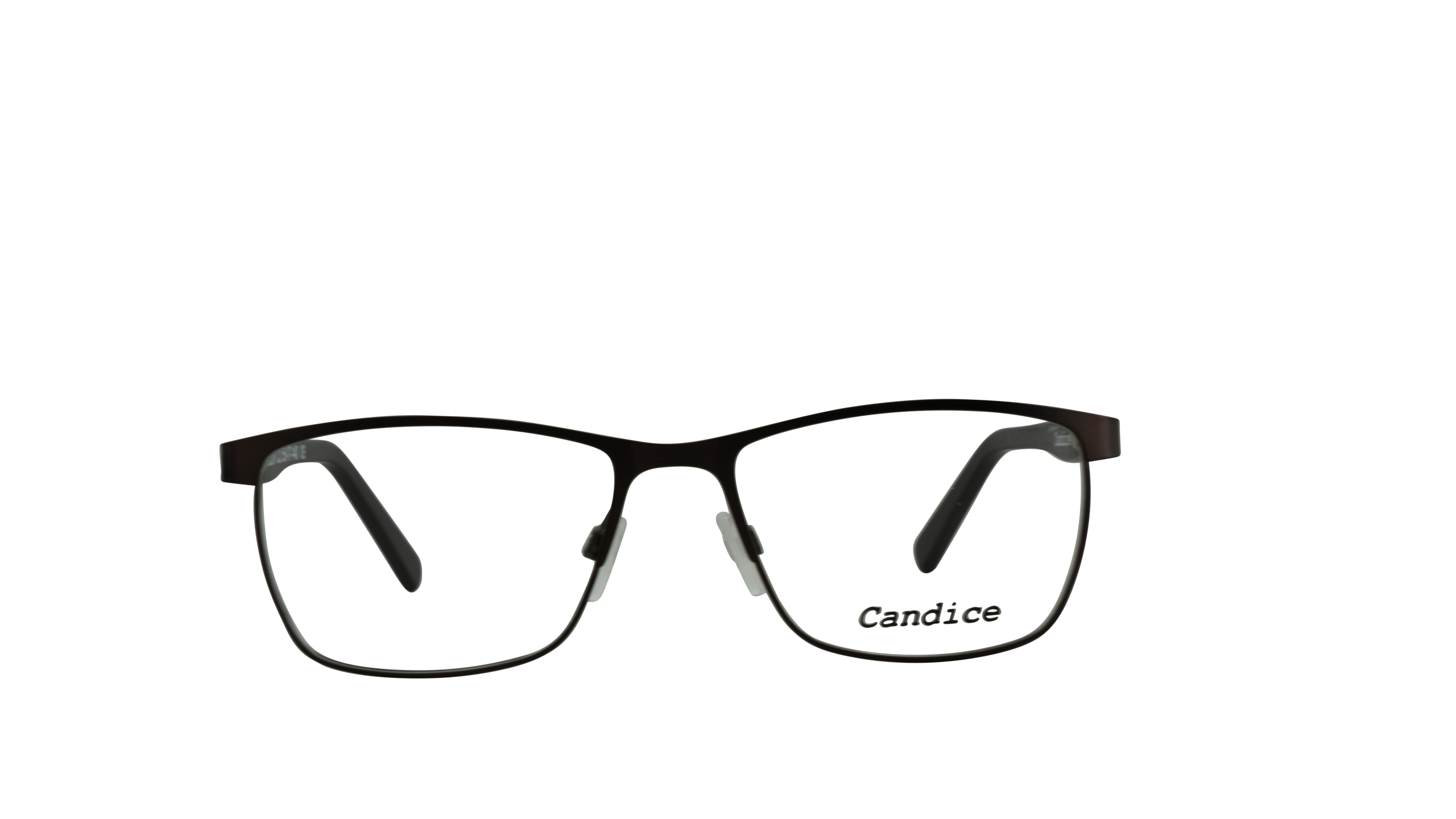 X011680-1 Black-framed eyeglasses shown from front with partial browline; brand name Candice visible on the lower-right lens edge.