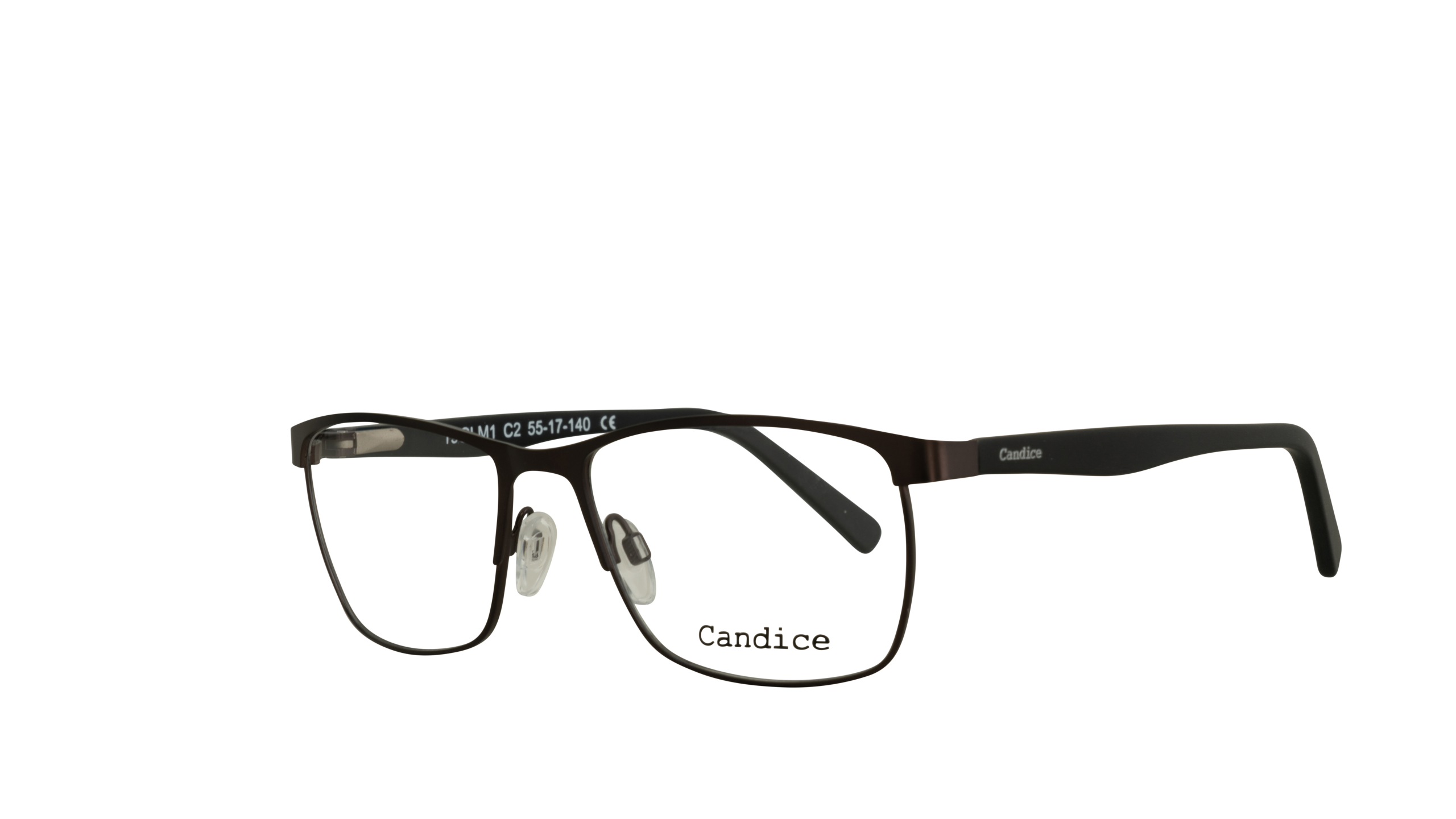 X011680-2 Brown-framed eyeglasses with clear nose pads and 'Candice' logo on the temple.