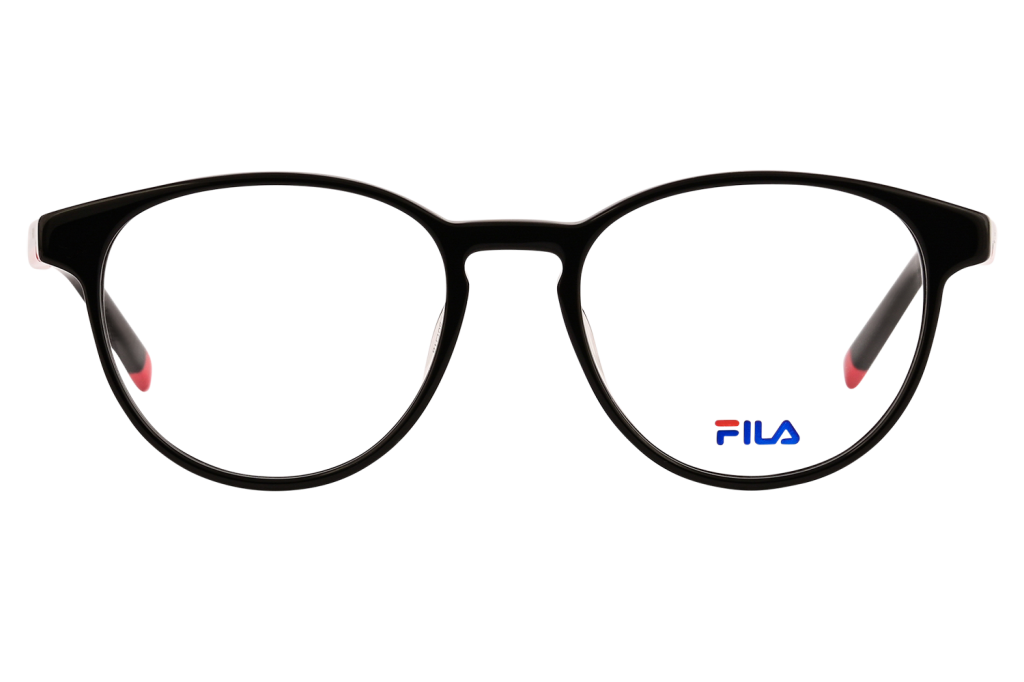 Black full-rame eyeglasses with rounded frames and a visible blue FILA logo on the right lens.