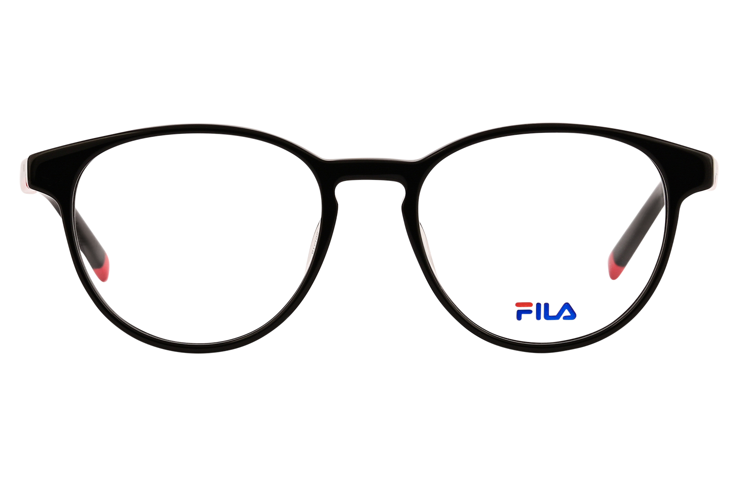 Black full-rame eyeglasses with rounded frames and a visible blue FILA logo on the right lens.