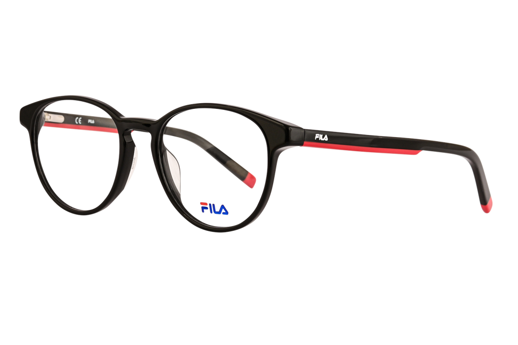 Black plastic eyeglasses with round lenses, red temple tips, and a FILA logo on the frame edge