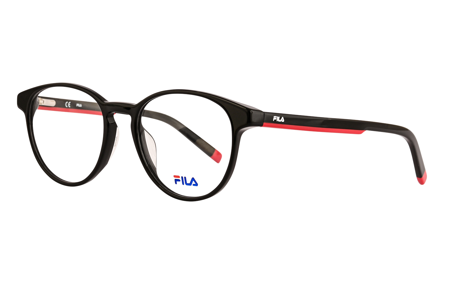 Black plastic eyeglasses with round lenses, red temple tips, and a FILA logo on the frame edge