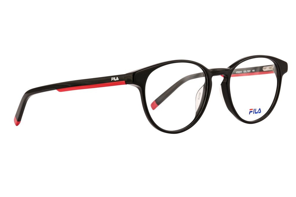 Black plastic eyeglasses with red temple tips and FILA branding on the side, shown in a side view by-brand eyewear photo.