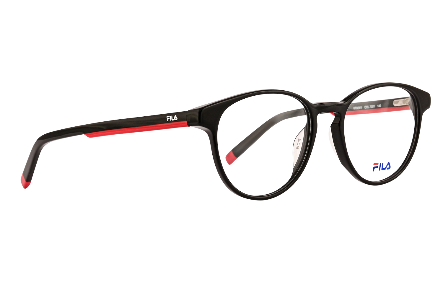 Black plastic eyeglasses with red temple tips and FILA branding on the side, shown in a side view by-brand eyewear photo.