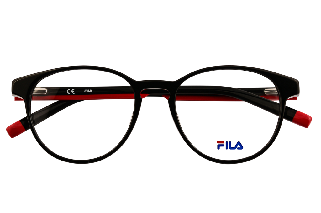 Black round-frame eyeglasses with red temple tips and FILA branding on the inside arm.