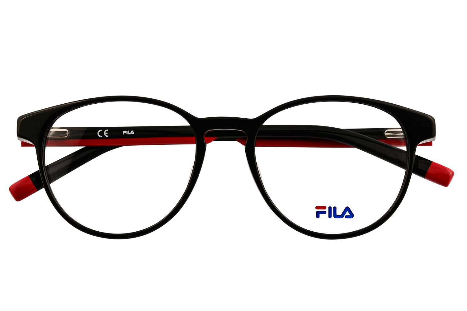 Black round-frame eyeglasses with red temple tips and FILA branding on the inside arm.