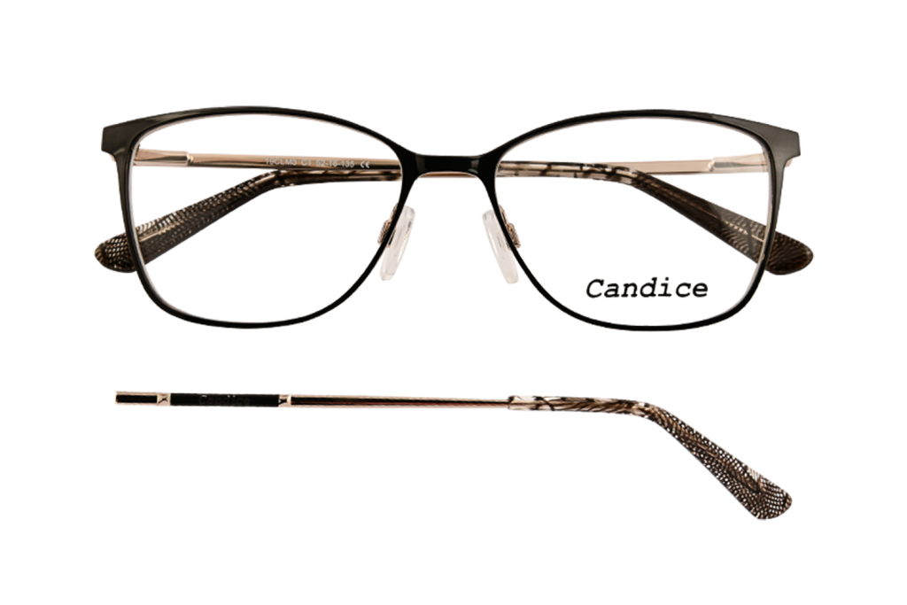 Black-brown rectangular eyeglasses with clear lenses and metallic temples viewed front-on