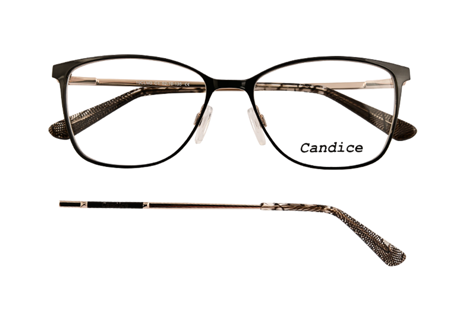 Black-brown rectangular eyeglasses with clear lenses and metallic temples viewed front-on