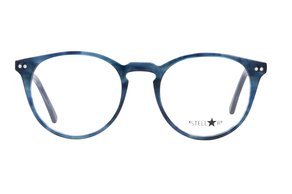Close-up of blue translucent round eyeglass frames, top half visible, with a small brand logo on the lens area.