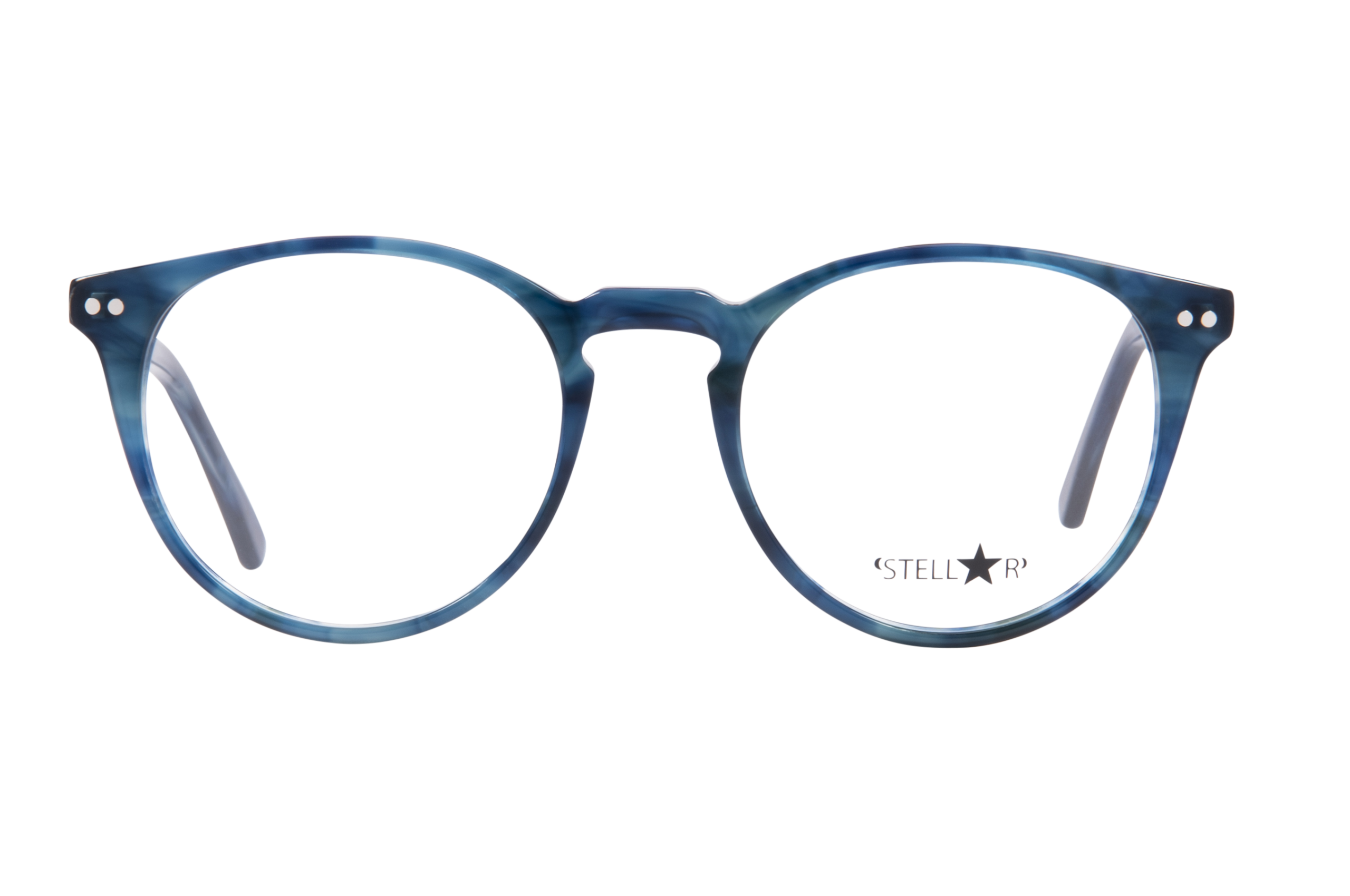 Close-up of blue translucent round eyeglass frames, top half visible, with a small brand logo on the lens area.
