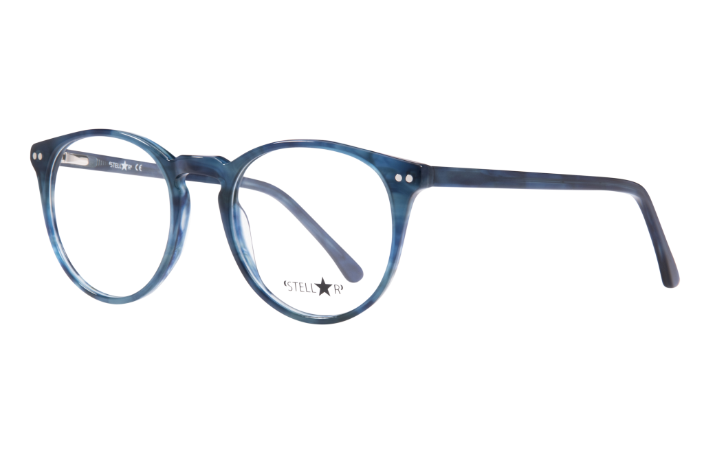 Blue translucent round eyeglasses shown in a close-up, with a visible 'STELL★R' logo on the lens area and temple detail.