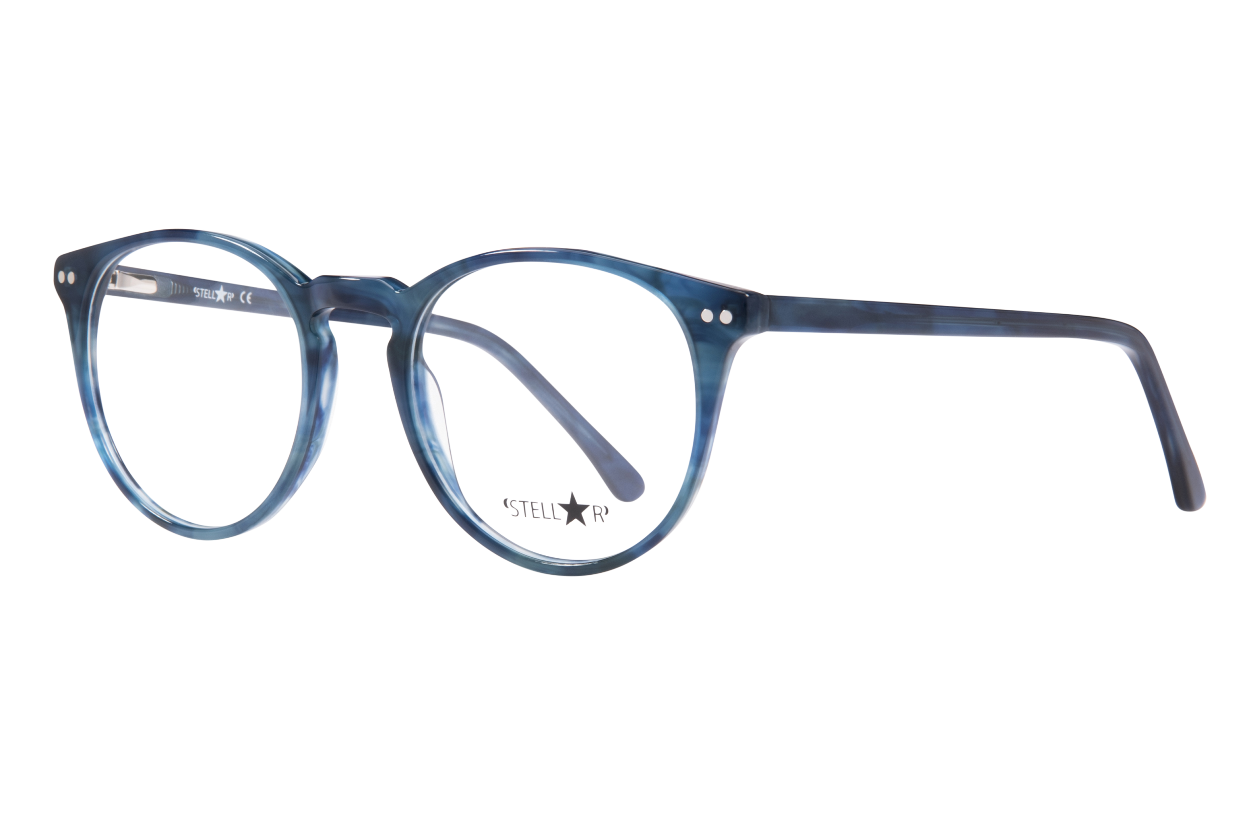 Blue translucent round eyeglasses shown in a close-up, with a visible 'STELL★R' logo on the lens area and temple detail.