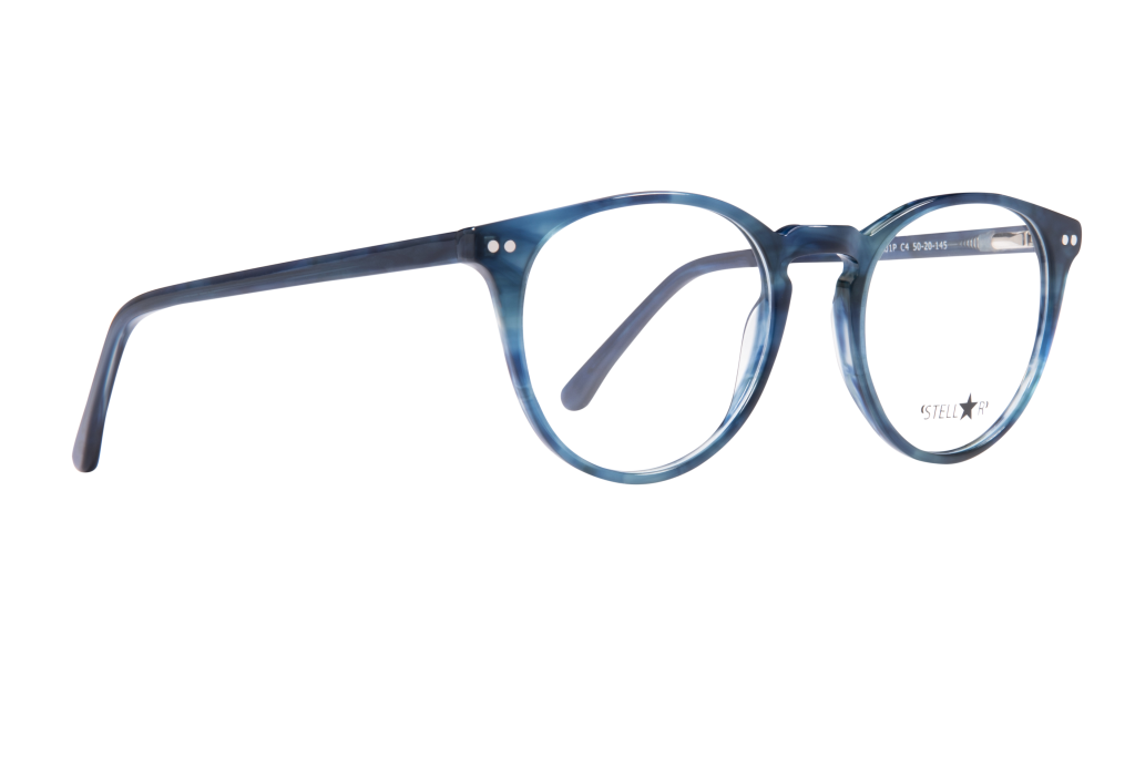 Close-up of blue translucent eyeglass frames, showing the left temple and circular lens edge against a black background.