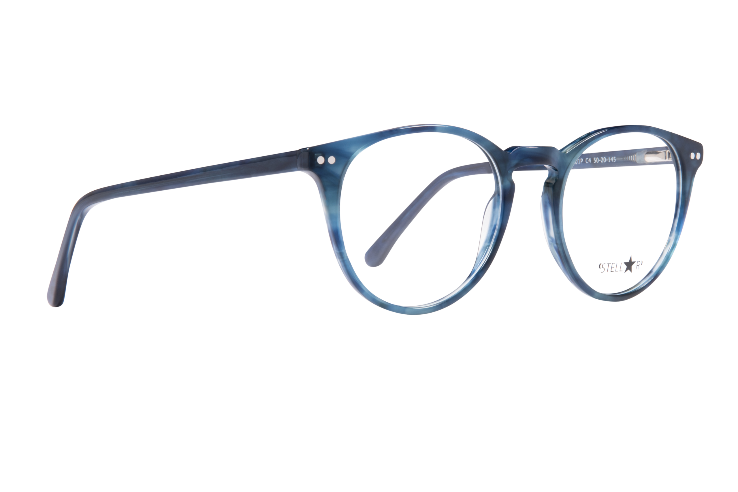 Close-up of blue translucent eyeglass frames, showing the left temple and circular lens edge against a black background.