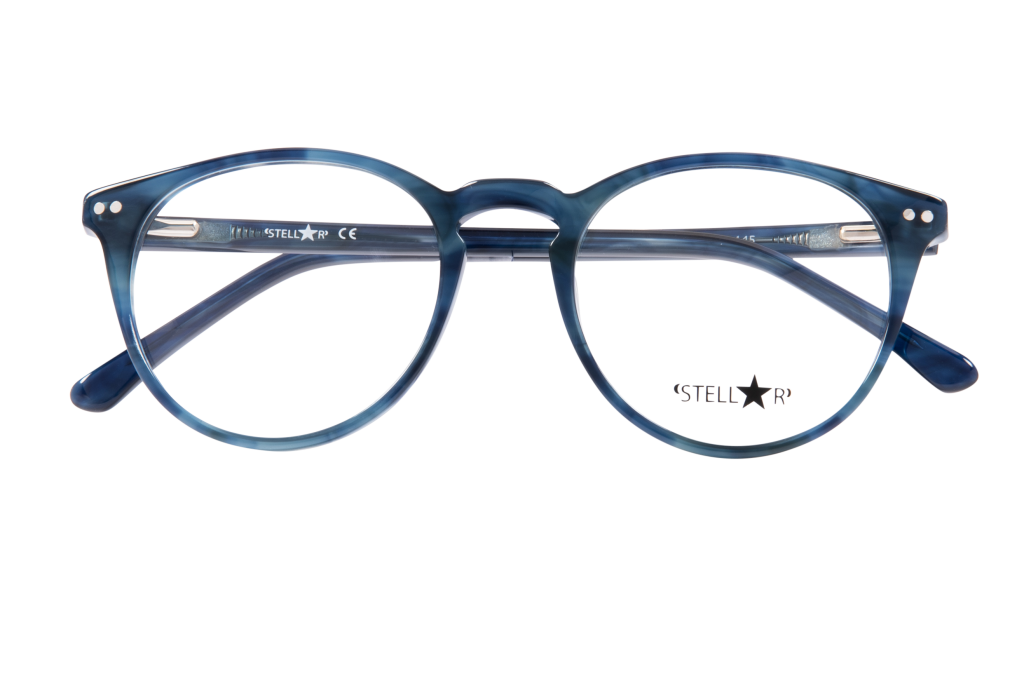 Blue translucent round eyeglass frame viewed head-on, with the STELLR branding on the temple inside.