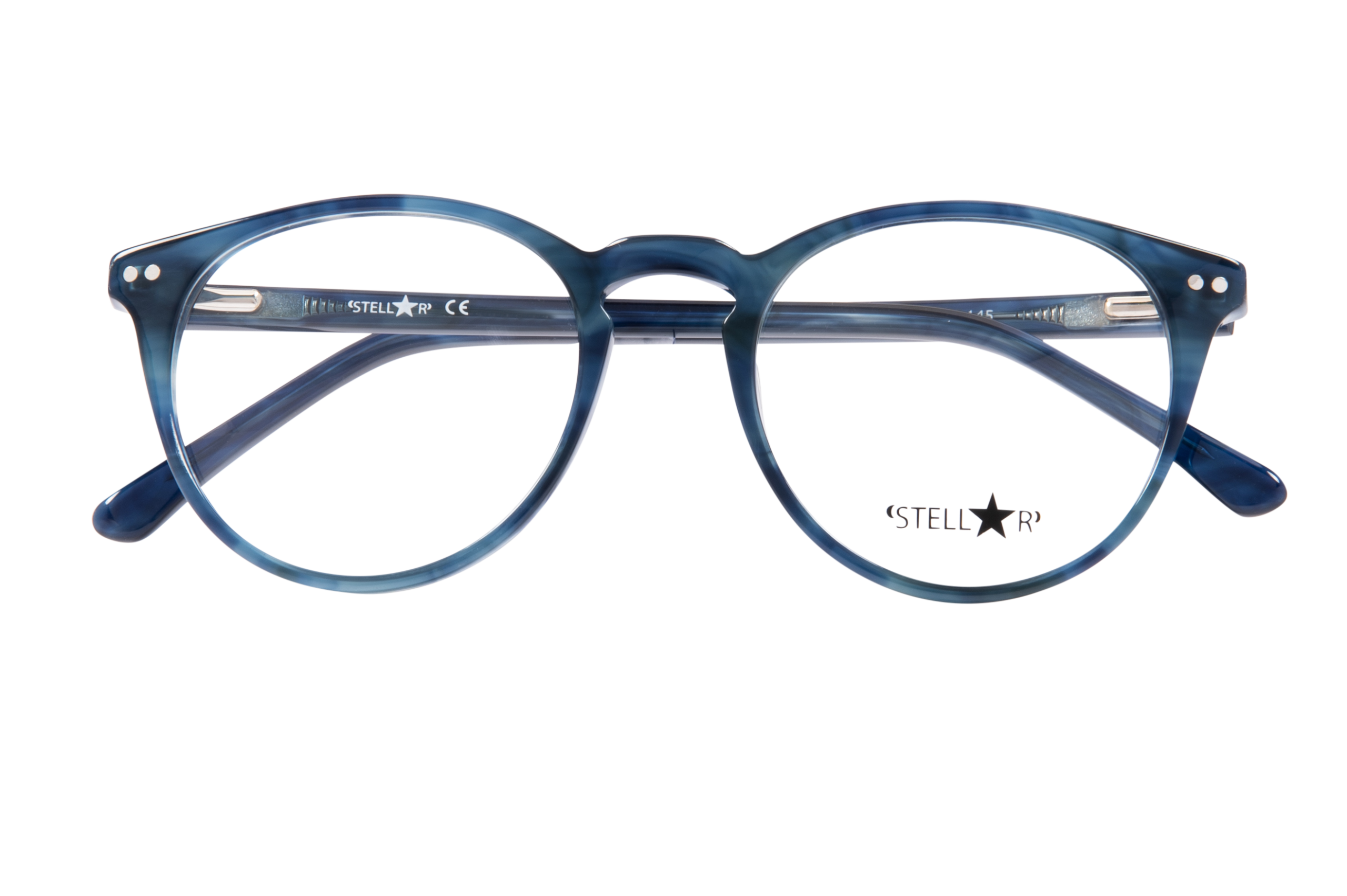 Blue translucent round eyeglass frame viewed head-on, with the STELLR branding on the temple inside.