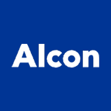 Alcon logo on a blue background