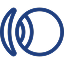 Abstract blue circular logo composed of two overlapping arcs (brand emblem).