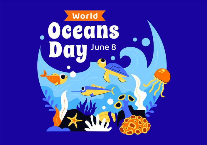 Poster for World Oceans Day with underwater scene and June 8 text, featuring fish, a turtle, coral, and bubbles on a blue background as a celebratory banner.