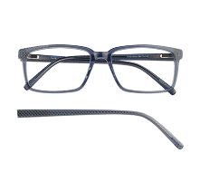 Blue rectangular eyeglasses with clear lenses and a detached temple arm beside the frame around the top of the image.