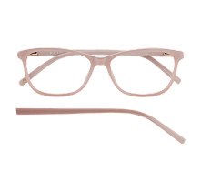Pink eyeglasses with one temple detached, shown on a white background.