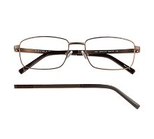 Brown metal eyeglasses with rectangular lenses and a detachable temple arm.