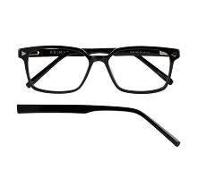 Black rectangular eyeglasses with a thin black temple shown from the front and side on a transparent background.