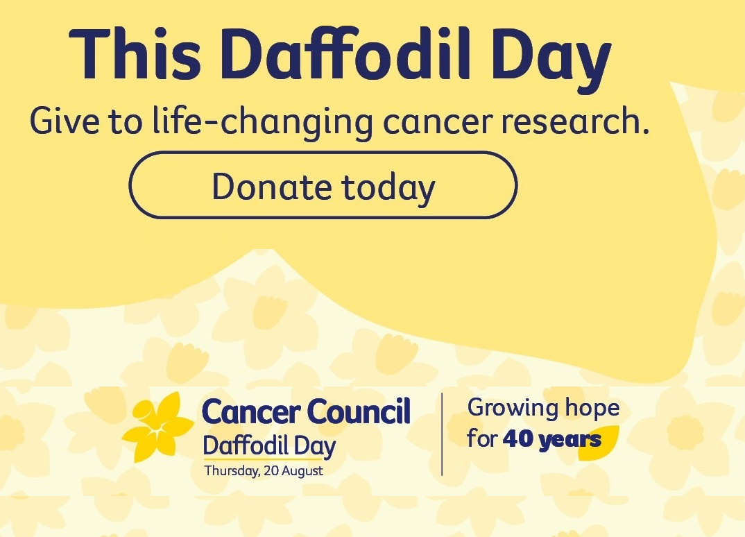 Banner for Cancer Council Daffodil Day inviting donations to fund cancer research; features 'Donate today' call-to-action on a yellow background with a daffodil motif at the bottom edge.