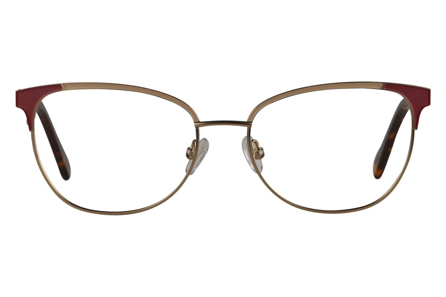 Gold metal-frame eyeglasses with red plastic temple tips and clear nose pads.