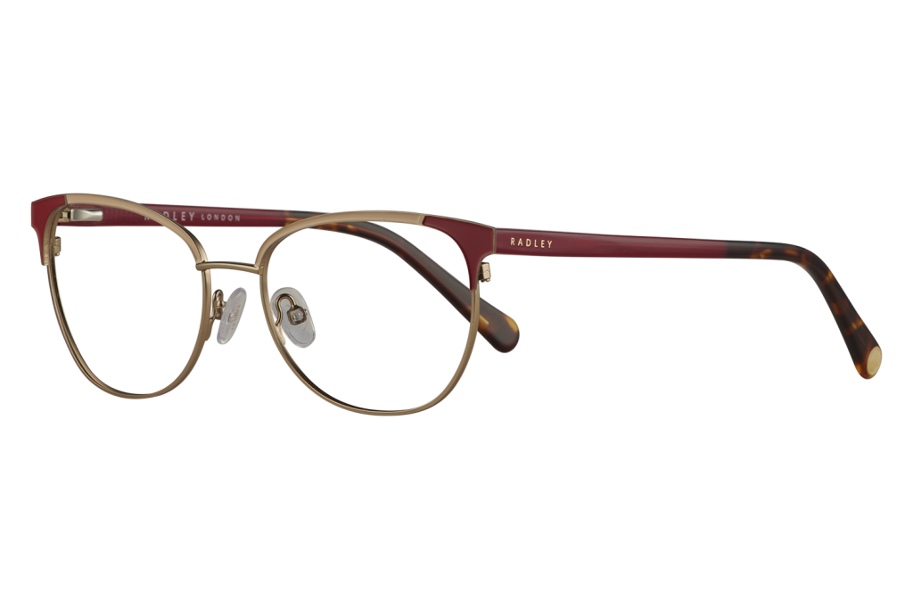 Gold-rimmed round eyeglasses with tortoiseshell arms, Radley London branding on temple.
