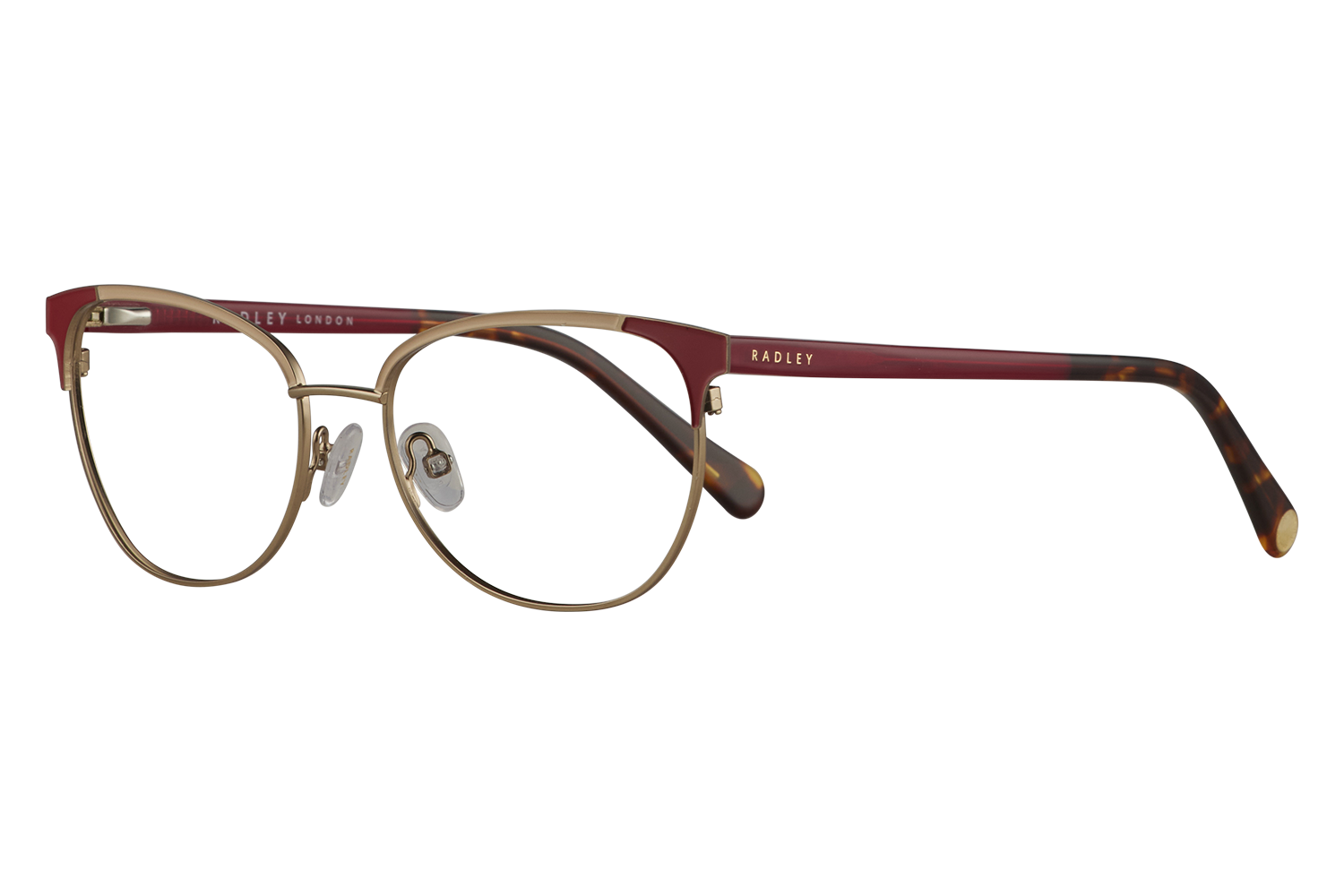 Gold-rimmed round eyeglasses with tortoiseshell arms, Radley London branding on temple.