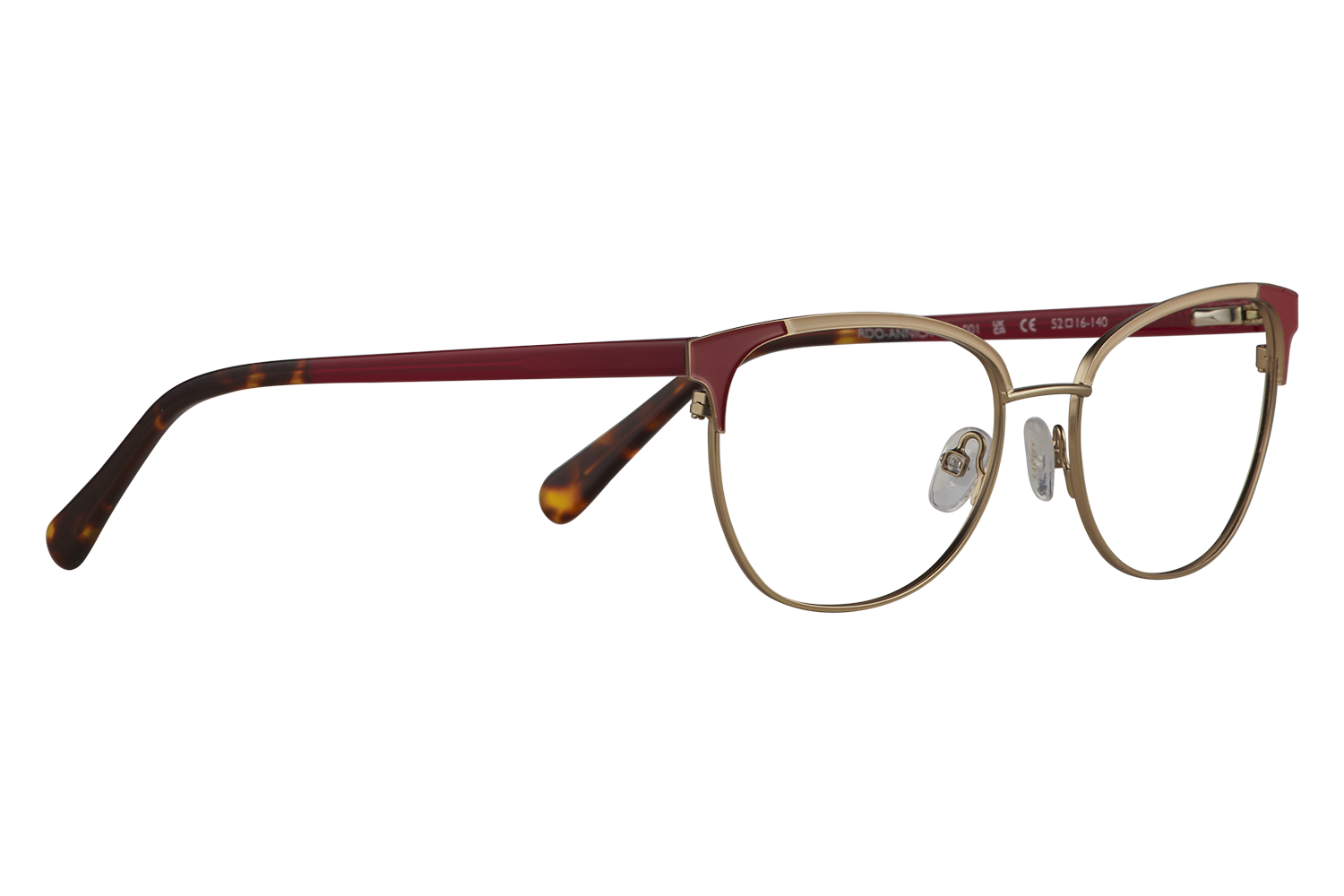 Pair of red-and-gold eyeglasses with tortoiseshell temples and clear nose pads