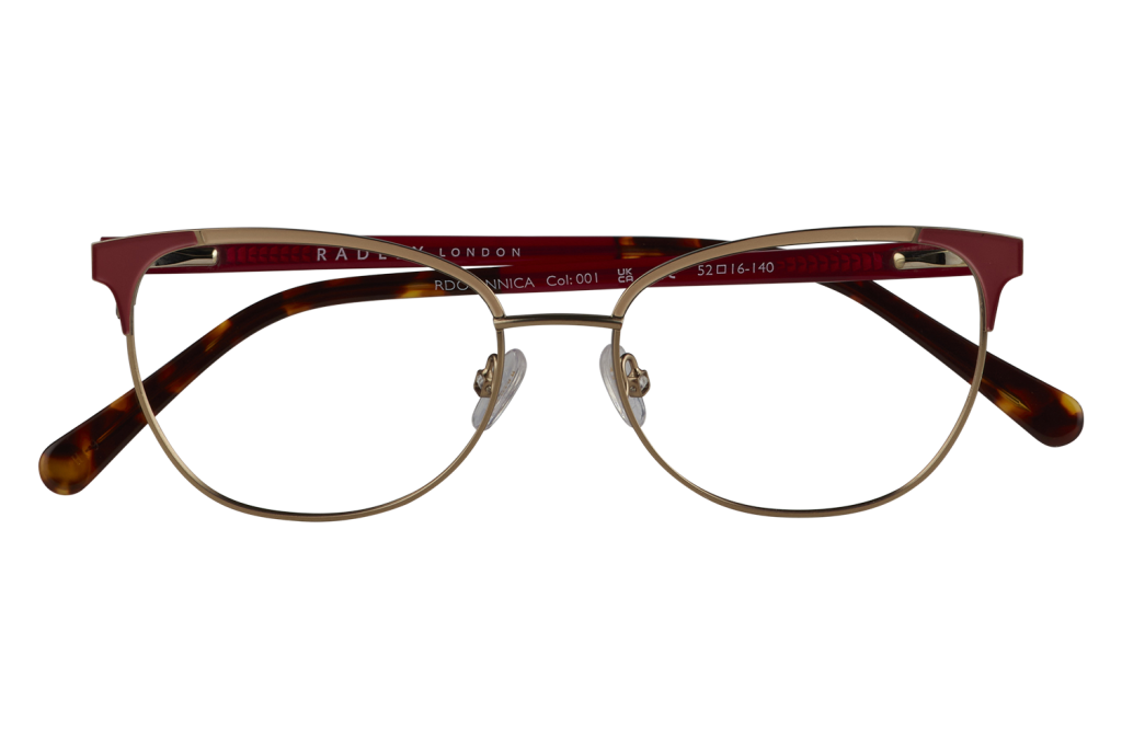Gold metal-rimmed glasses with tortoiseshell temples and red accents on the arms; a stylish vintage-style frame.