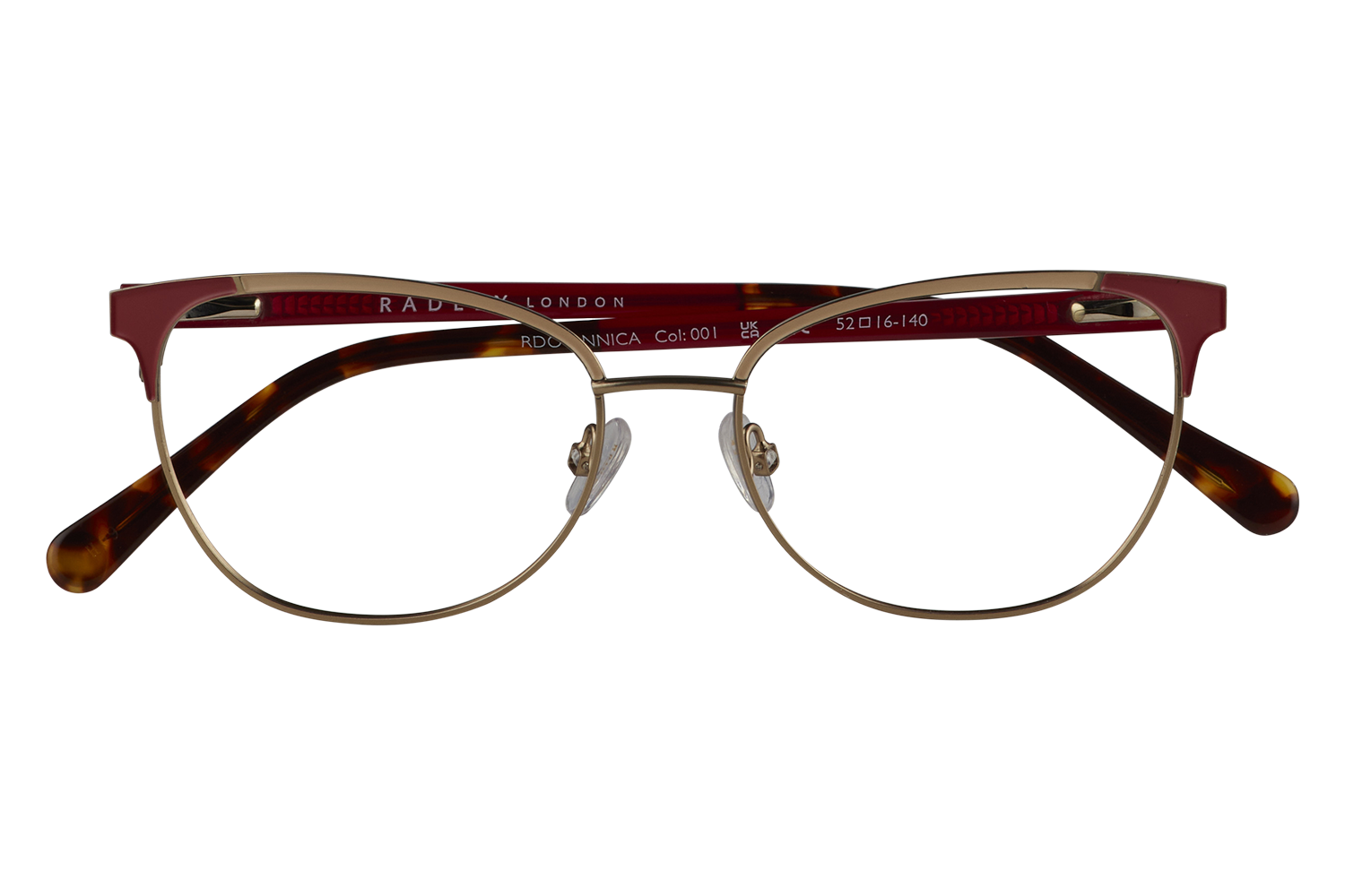 Gold metal-rimmed glasses with tortoiseshell temples and red accents on the arms; a stylish vintage-style frame.