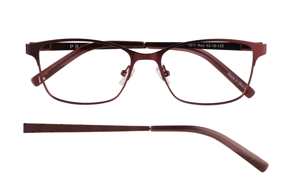 Red rectangular eyeglasses with burgundy frame, metal nose pads, and a separate temple piece shown below.