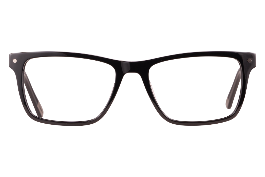 Black thick-framed eyeglasses photographed head-on, showcasing full front view of the lenses and bridge.