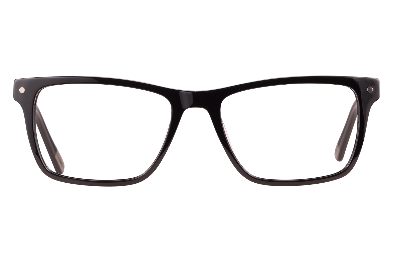 Black thick-framed eyeglasses photographed head-on, showcasing full front view of the lenses and bridge.