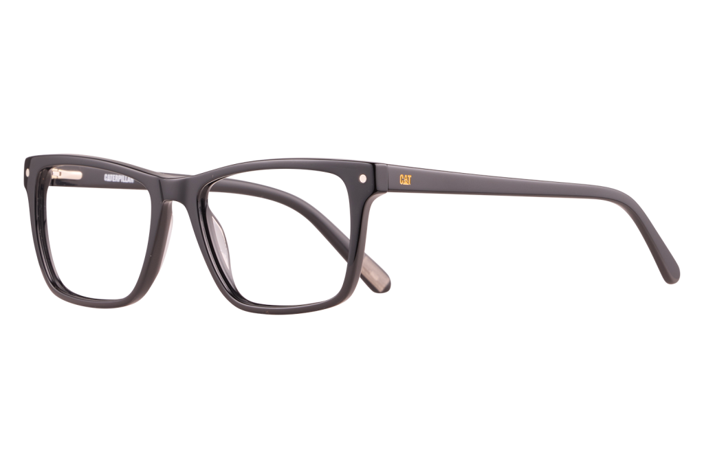 Black rectangular eyeglasses with a CAT logo on the temple, resting on a light surface