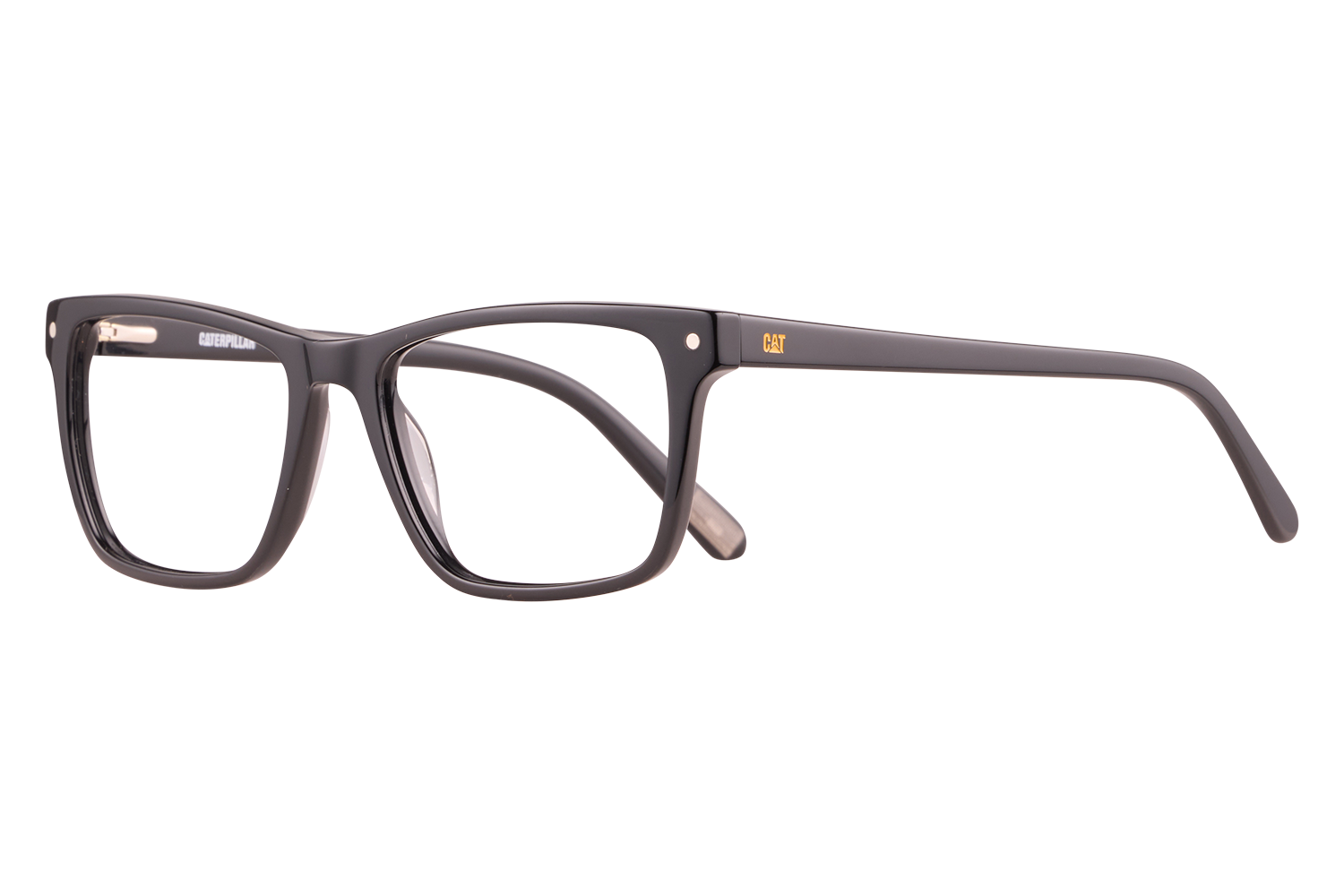 Black rectangular eyeglasses with a CAT logo on the temple, resting on a light surface