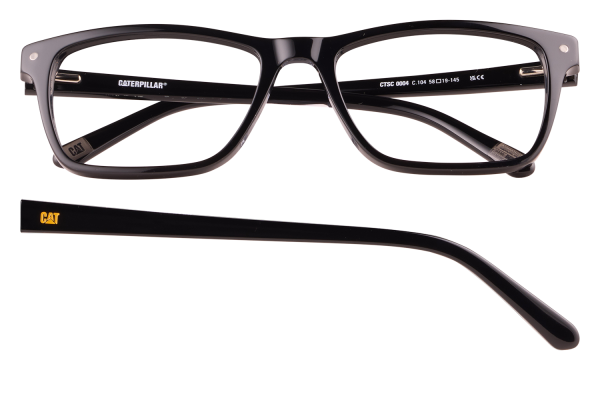 Black rectangular eyeglasses with CAT branding on the temple and a separate temple arm underneath on a black background