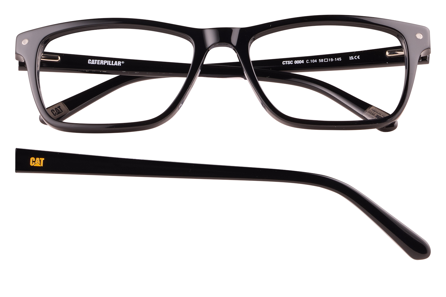Black rectangular eyeglasses with CAT branding on the temple and a separate temple arm underneath on a black background