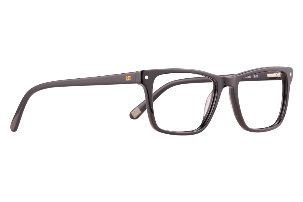 Black rectangular eyeglasses frame with CAT logo on the temple resting on a light surface