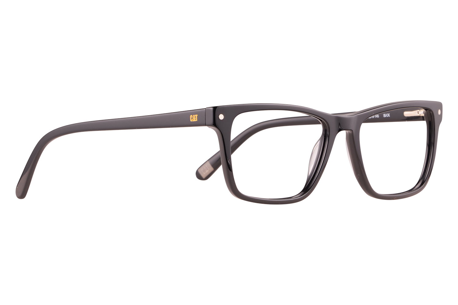 Black rectangular eyeglasses frame with CAT logo on the temple resting on a light surface