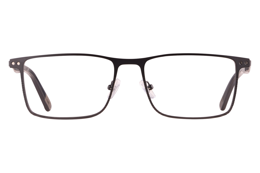 Front view of black metal rectangular eyeglass frame with clear nose pads.