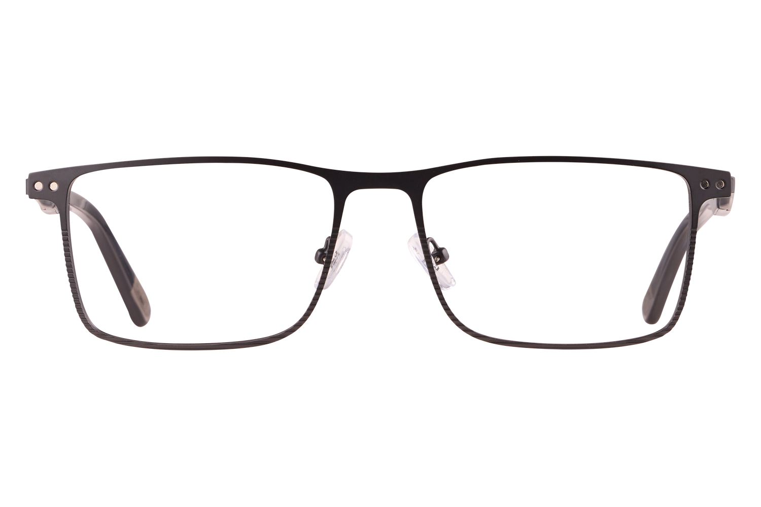 Front view of black metal rectangular eyeglass frame with clear nose pads.