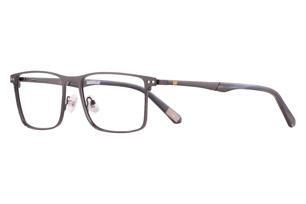 Black rectangular eyeglasses with a Caterpillar logo on the temple, close-up on a light background.