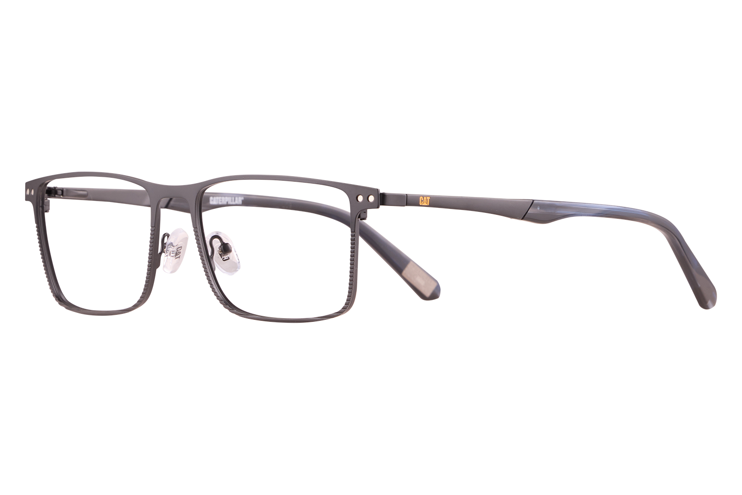 Black rectangular eyeglasses with a Caterpillar logo on the temple, close-up on a light background.